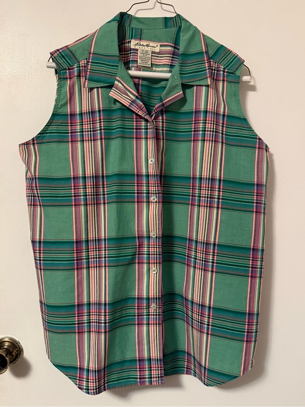 Eddie Bauer Green Purple Pink Plaid Sleeveless Shirt XL